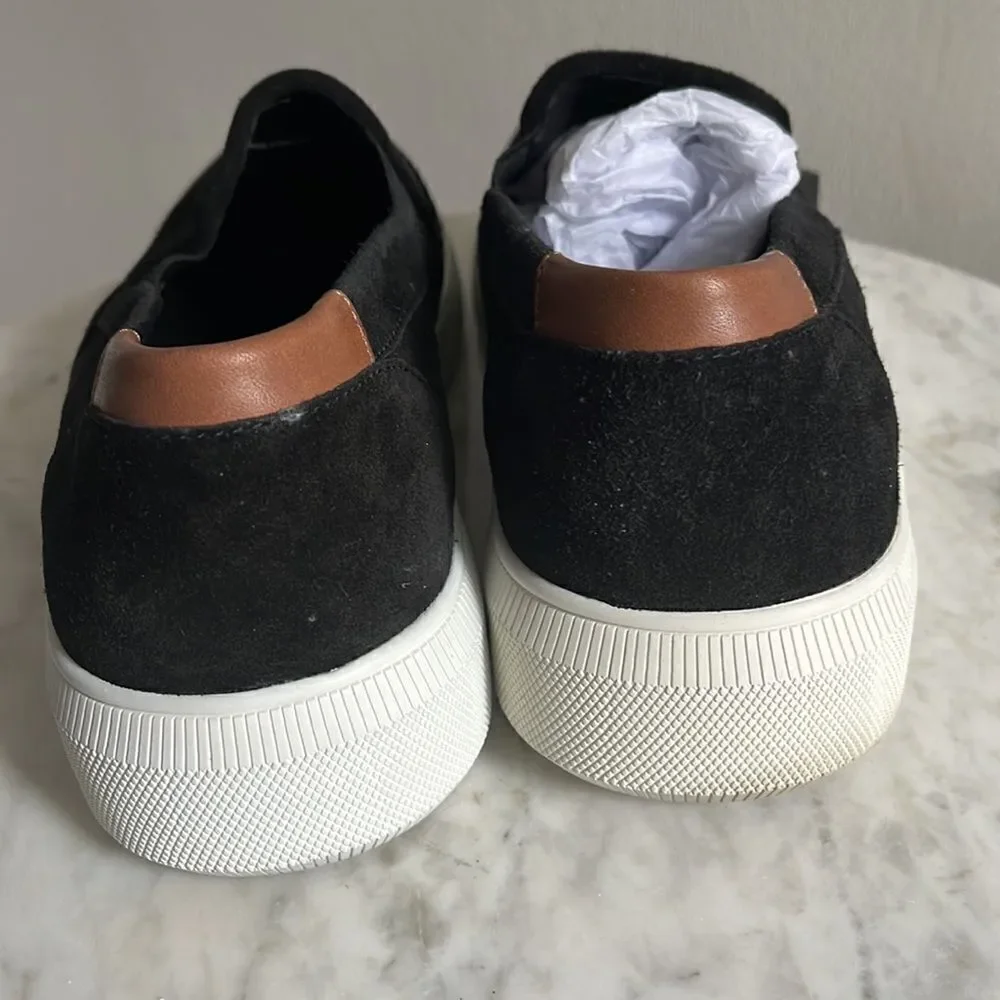 Vince Suede Slip On Sneakers in Black with brown leather accent on heel, 12